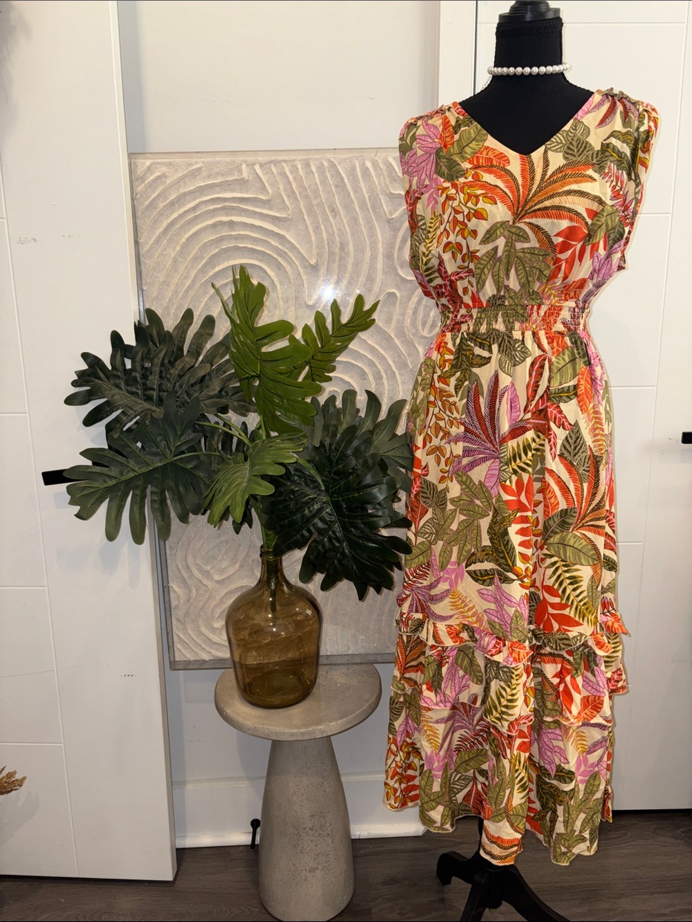 Nanette Lepore Tropical Floral Tiered Maxi Dress in Pink, Orange, Olive